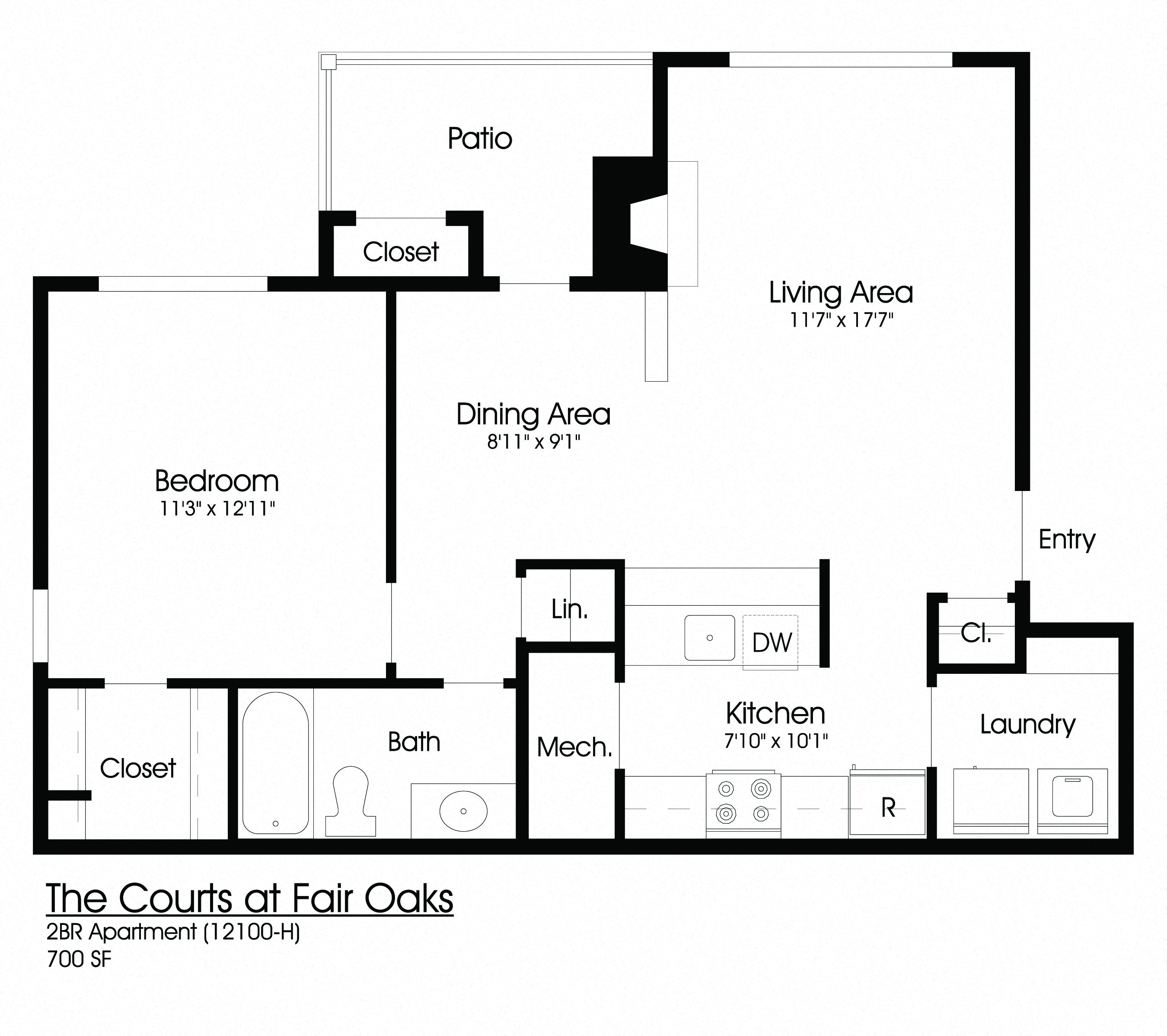 Floor plan for 1 bed, 1 bath, 700 sqft